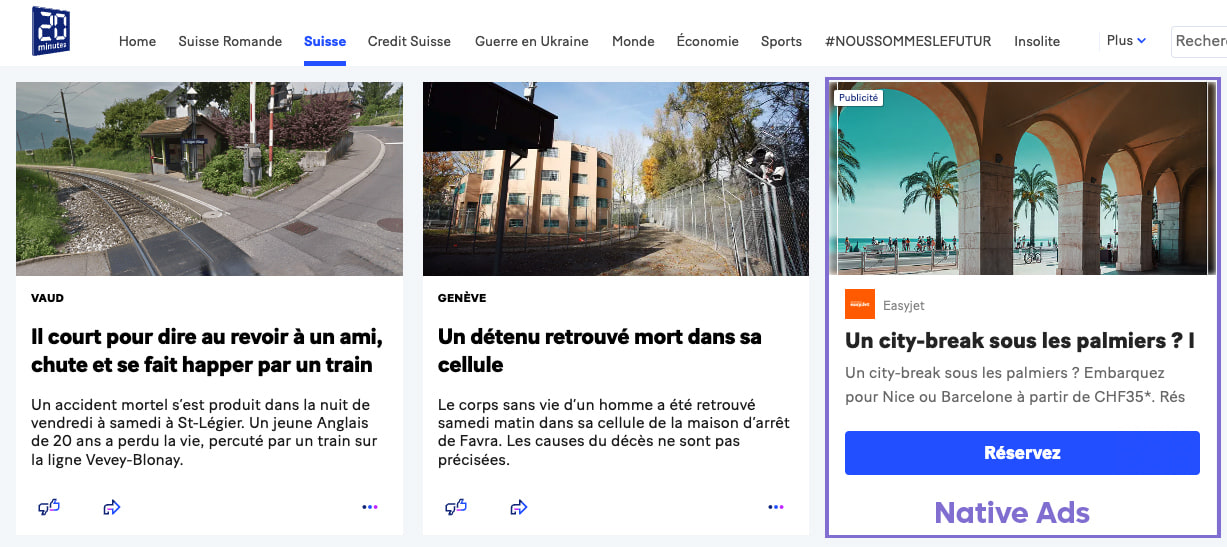Capture d’un site d’actualités où une publicité native prend la forme d’un article, signalée « Native Ads ».