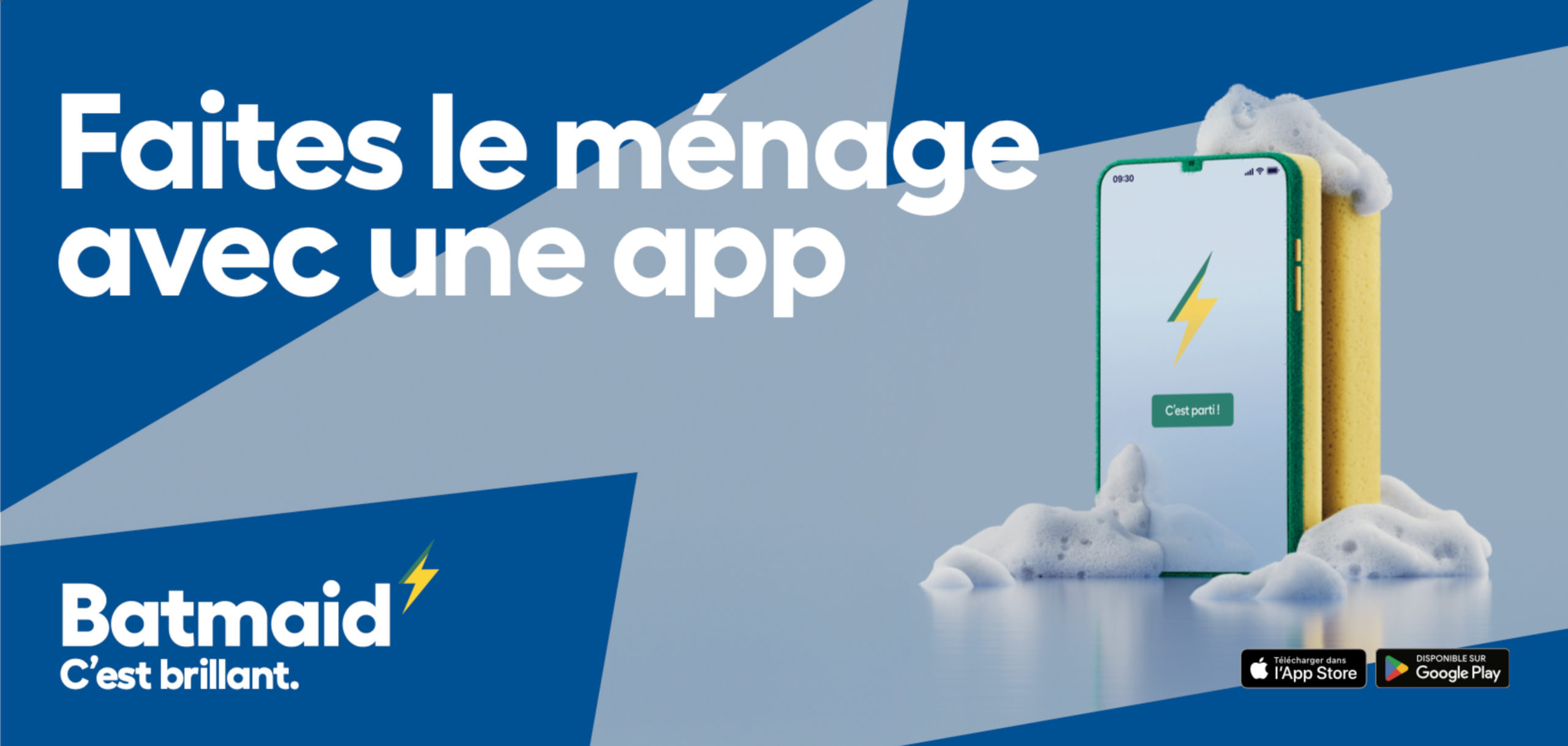 Affiche Batmaid « Faites le ménage avec une app » avec un smartphone et une éponge dans la mousse