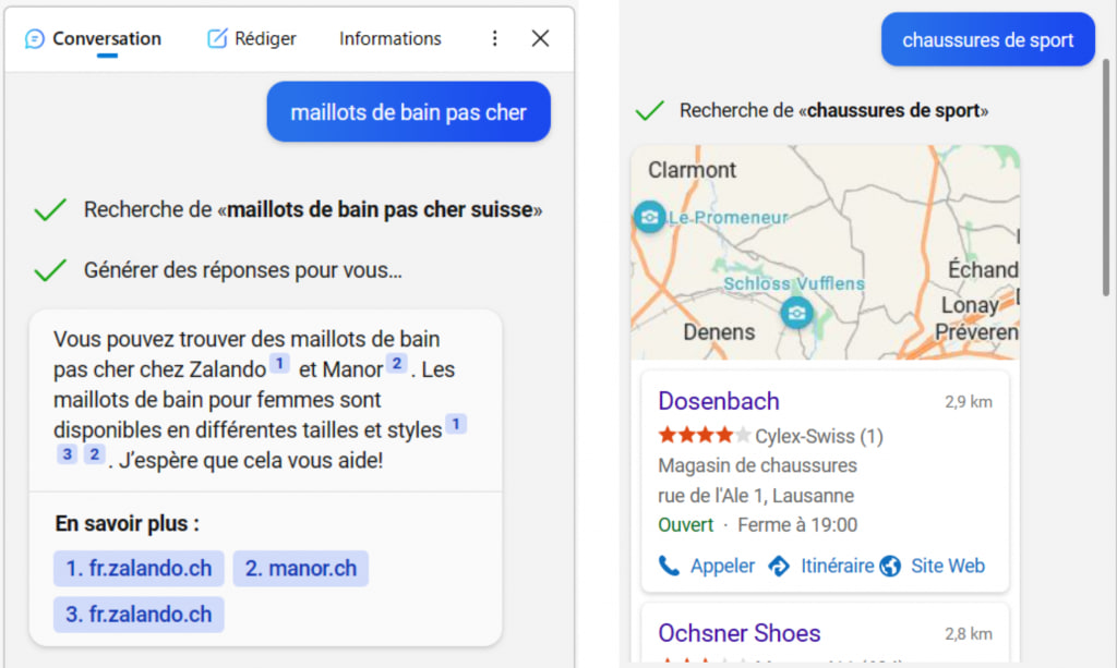 Capture du volet conversationnel de Bing : la réponse cite des boutiques suisses par des liens numérotés, à côté d’une carte des magasins.