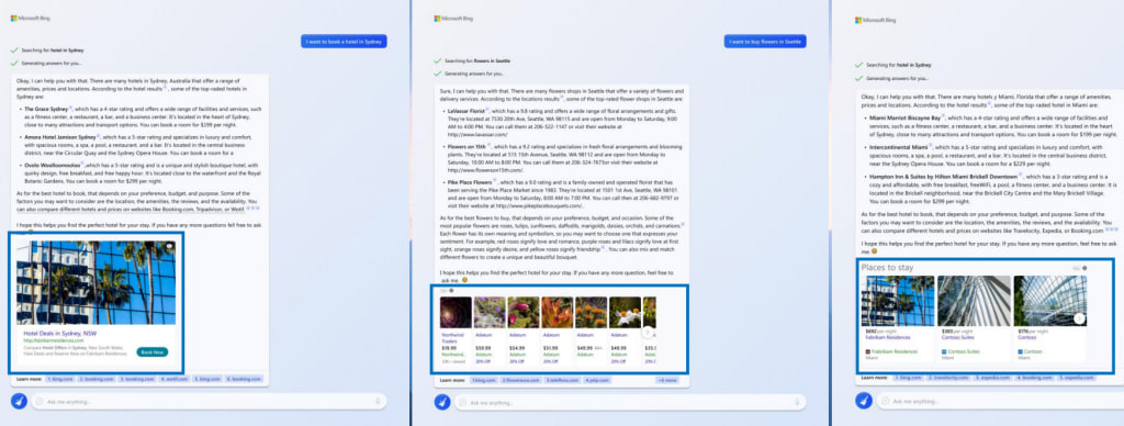 Trois captures d’une page de résultats Bing enrichie par ChatGPT, avec sa colonne de conversation.