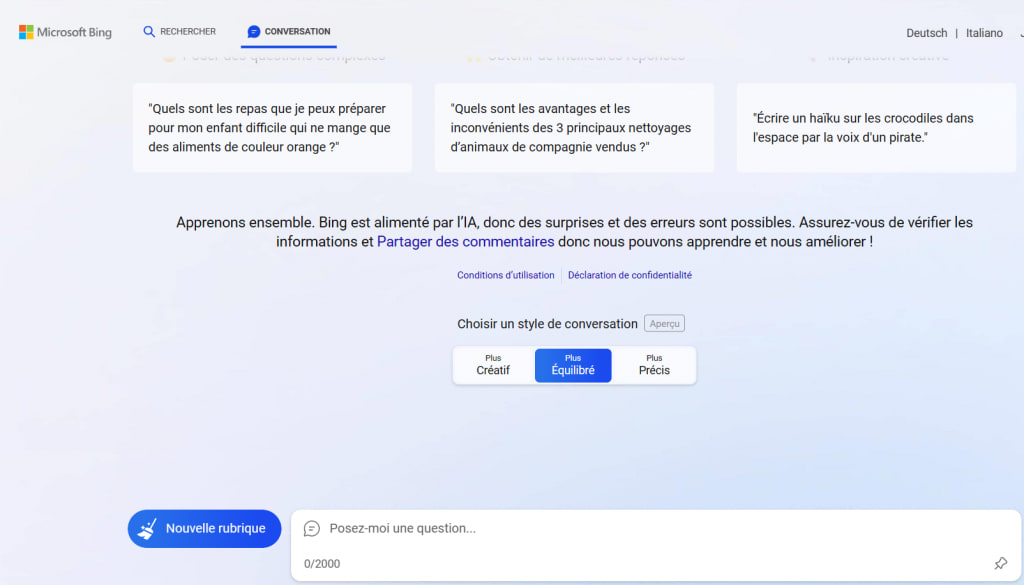 Capture de Bing avec ChatGPT : le moteur répond en conversation et propose plusieurs styles de réponse.