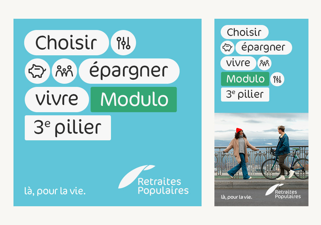 Bannières Retraites Populaires « Choisir, épargner, vivre » pour le 3e pilier Modulo, en formats carré et vertical