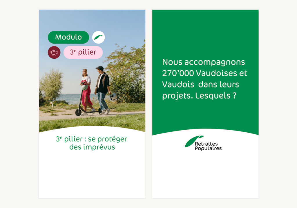 Visuels verticaux Retraites Populaires sur le 3e pilier Modulo et les 270’000 Vaudoises et Vaudois accompagnés