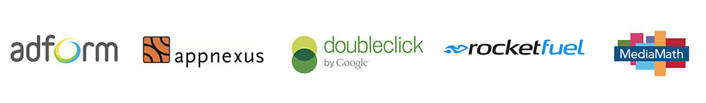 Les logos de cinq plateformes DSP : Adform, AppNexus, DoubleClick, RocketFuel et MediaMath.