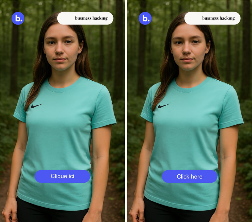 Deux déclinaisons du même visuel, avec des appels à l’action différents : « Cliquez ici » et « Click here ».