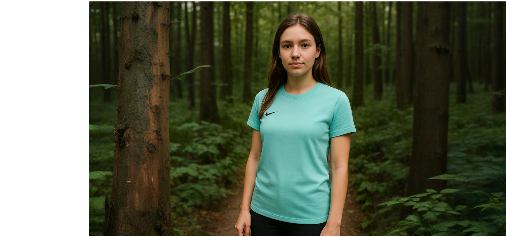 Visuel élargi par outpainting : la forêt se prolonge de part et d’autre du sujet.