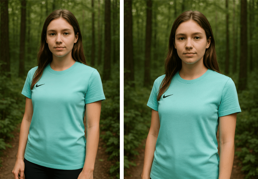 Le même visuel de mannequin en t-shirt, à gauche recadré, à droite complété sur les côtés.