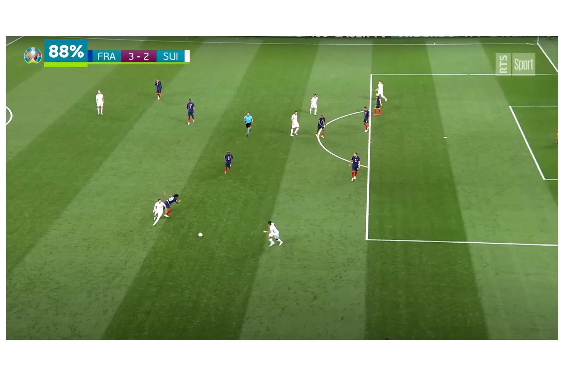 Retransmission d’un match de football avec, en incrustation, le score et un indicateur de possession à 88 %.
