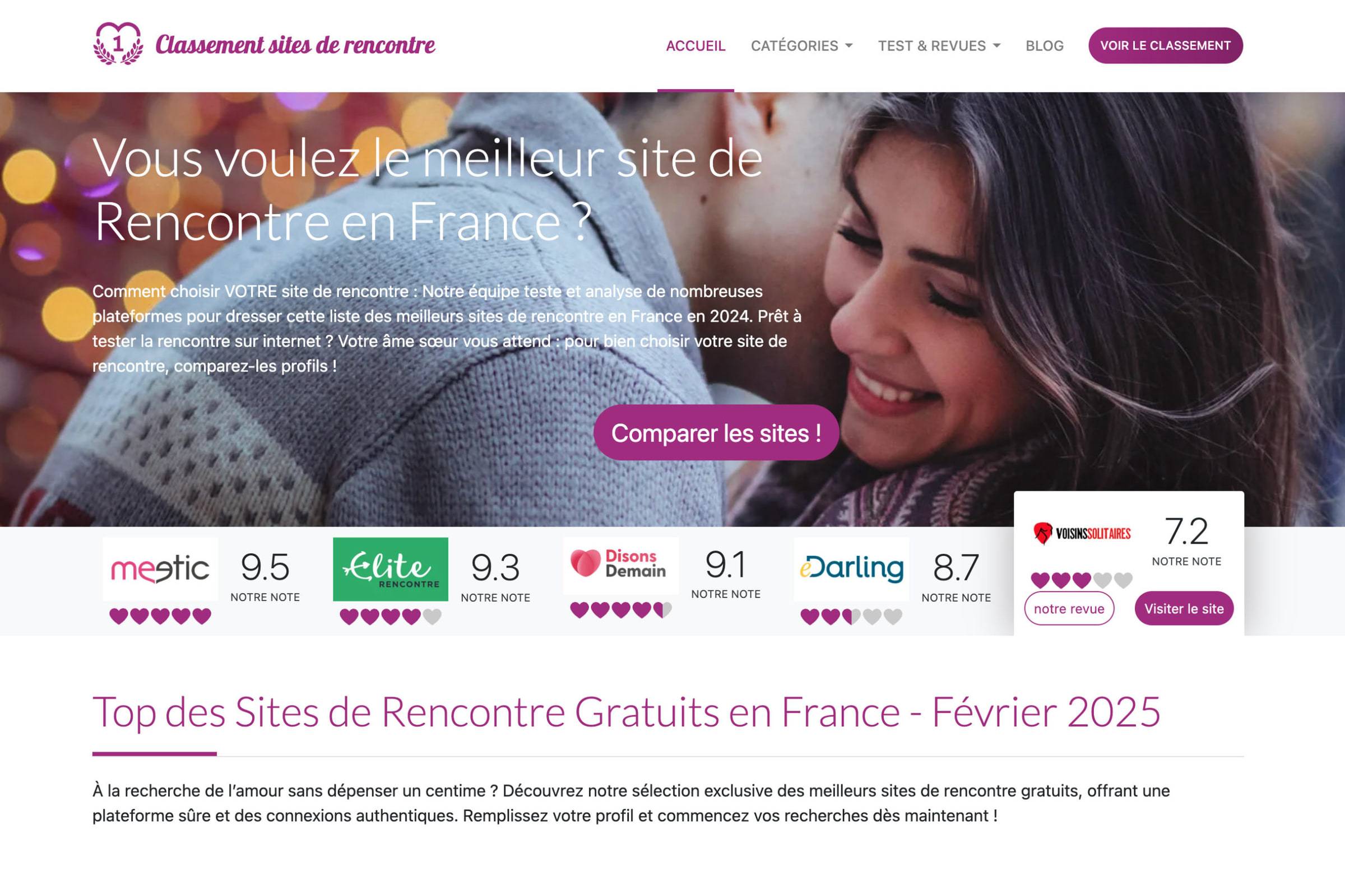 Page d’accueil d’un site comparatif de sites de rencontre en France, avec les notes de Meetic, Elite Rencontre et d’autres