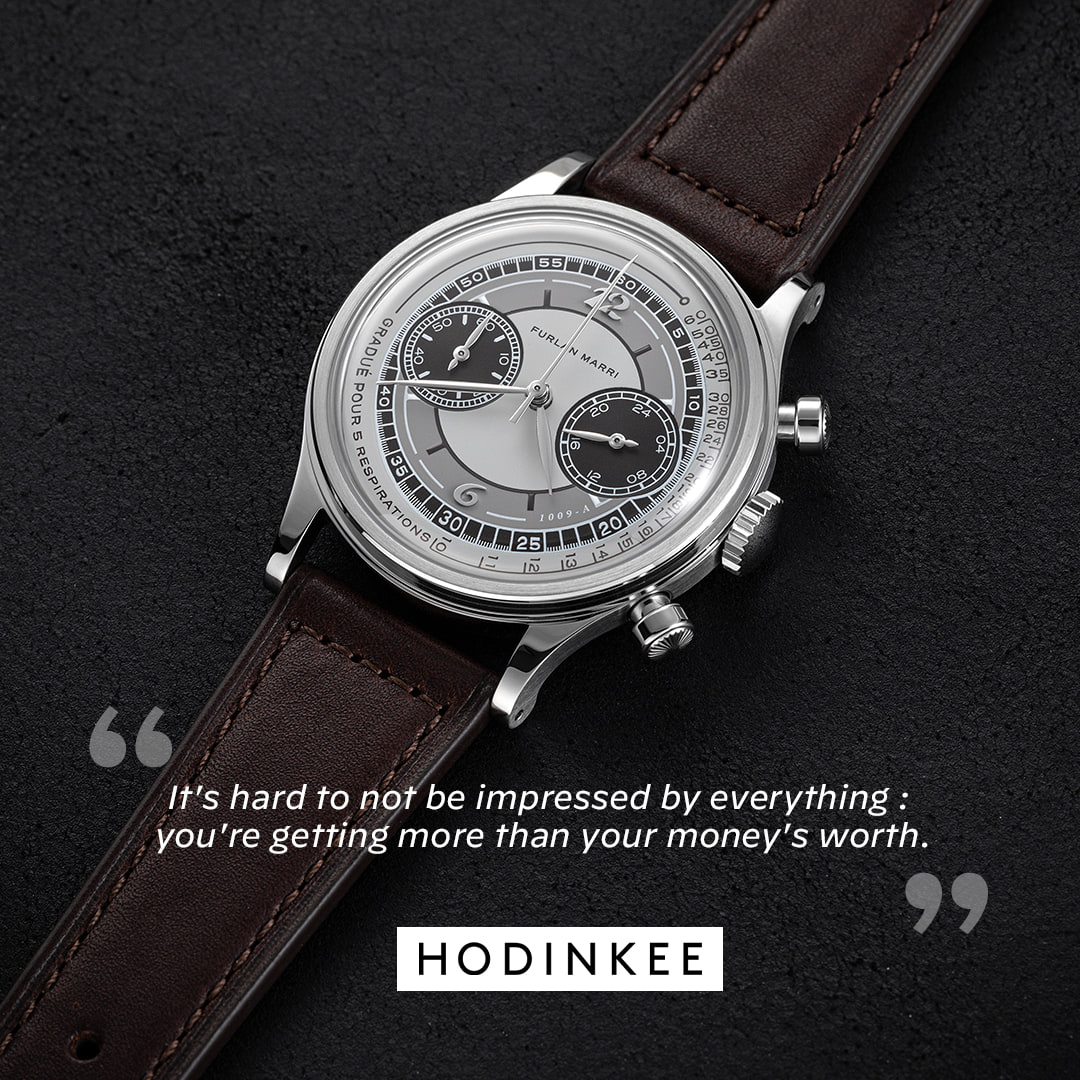 Chronographe Furlan Marri sur bracelet en cuir brun, avec une citation de Hodinkee saluant son rapport qualité-prix
