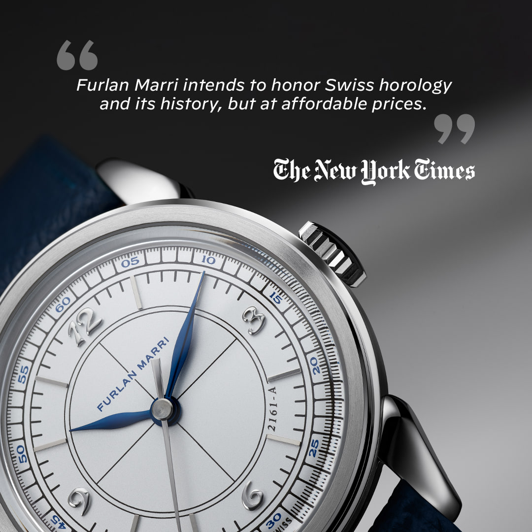 Montre Furlan Marri à cadran argenté et aiguilles bleues, avec une citation du New York Times sur l’horlogerie suisse à prix abordable