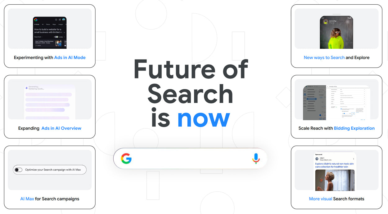 Planche de visuels Google « Future of Search is now », entourée d’écrans de campagnes et de fonctionnalités.