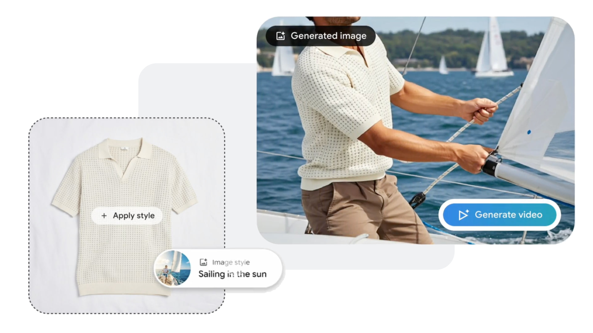 Capture d’un outil de création par IA : une photo de voilier et un t-shirt, avec les boutons « Apply style » et « Generate video ».
