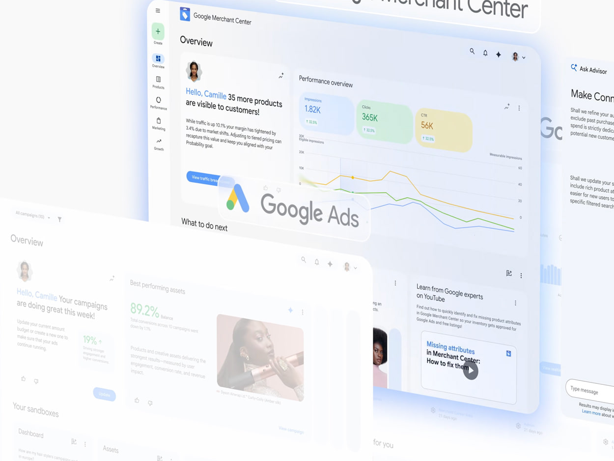 Captures superposées de l’interface Google Ads et du Merchant Center.