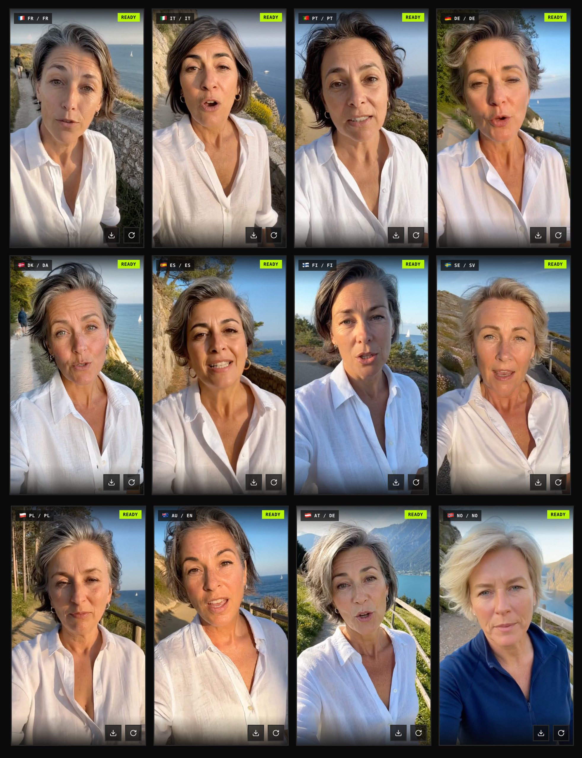 Grille de douze portraits générés : la même personne déclinée en autant de variantes vidéo.