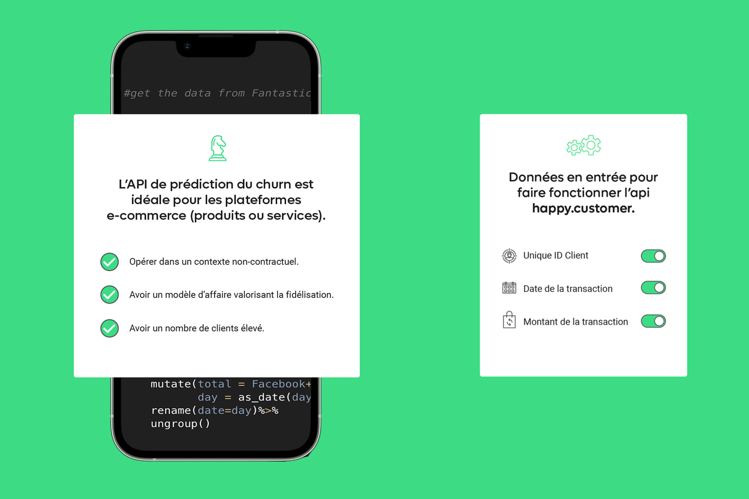 Deux écrans de téléphone présentant l’API de prédiction du churn et les données qu’elle demande en entrée.