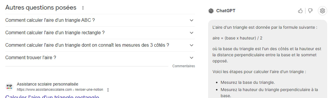 Capture d’une conversation avec ChatGPT répondant à des questions de géométrie, à côté de la liste des questions posées.