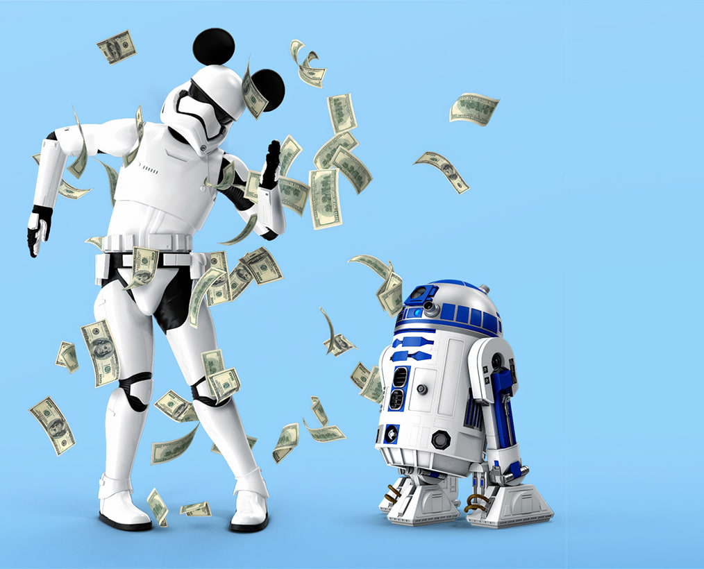 Deux figurines de science-fiction sous une pluie de billets, sur fond bleu.