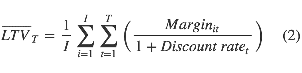 Formula (2): the average lifetime value over T periods, across I customers.