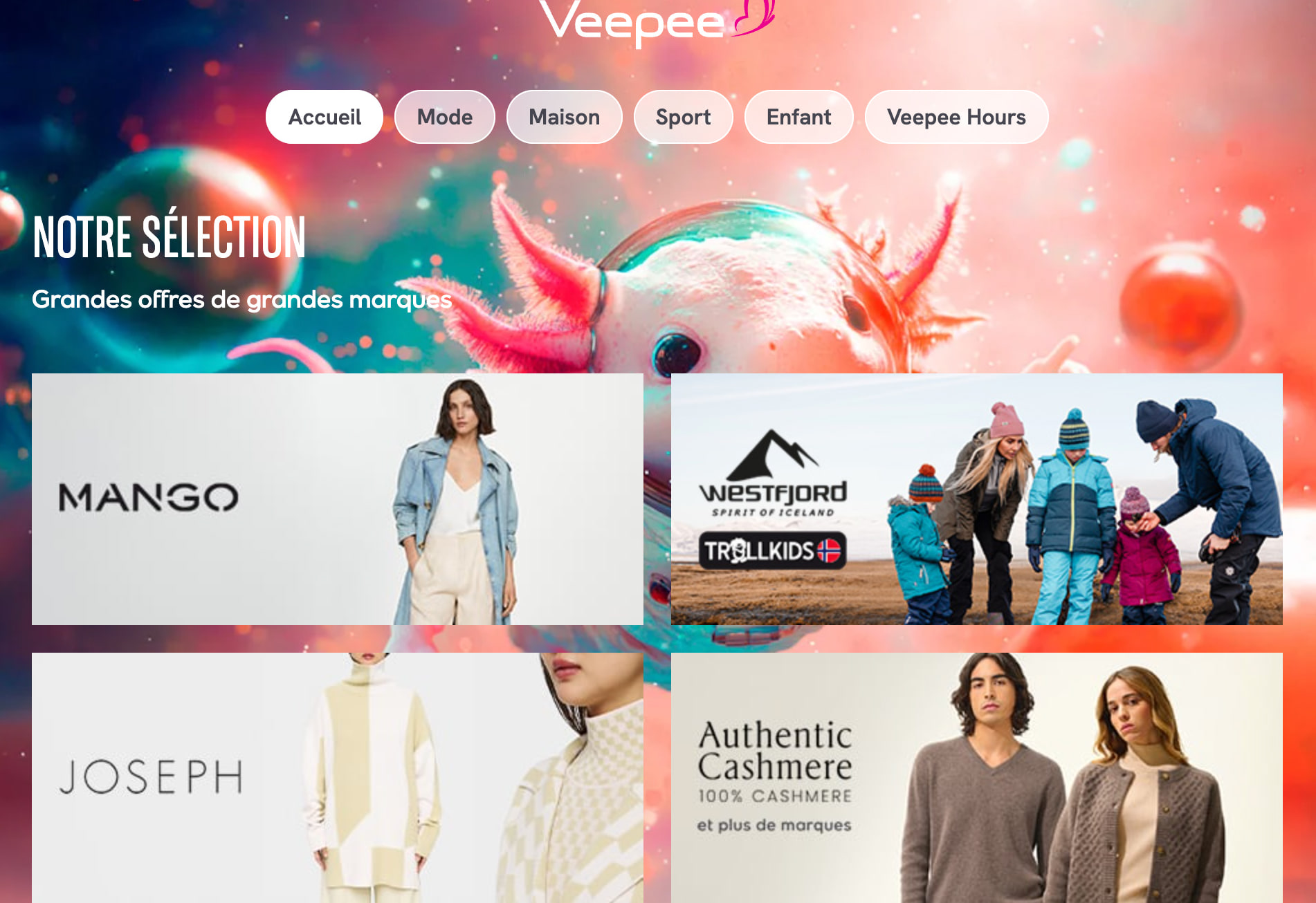 Page d’accueil Veepee « Notre sélection » avec les offres Mango, Westfjord, Joseph et Authentic Cashmere
